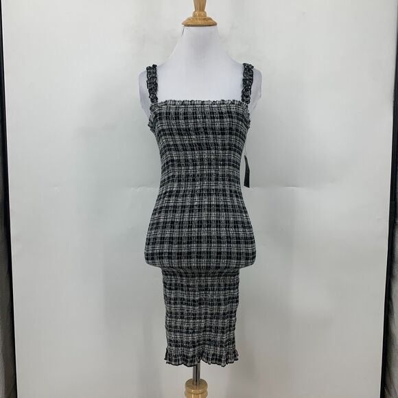 Volcom Shirred Mini Dress Womens XS Extra Small Check Plaid Square Neck Bodycon - Picture 2 of 16